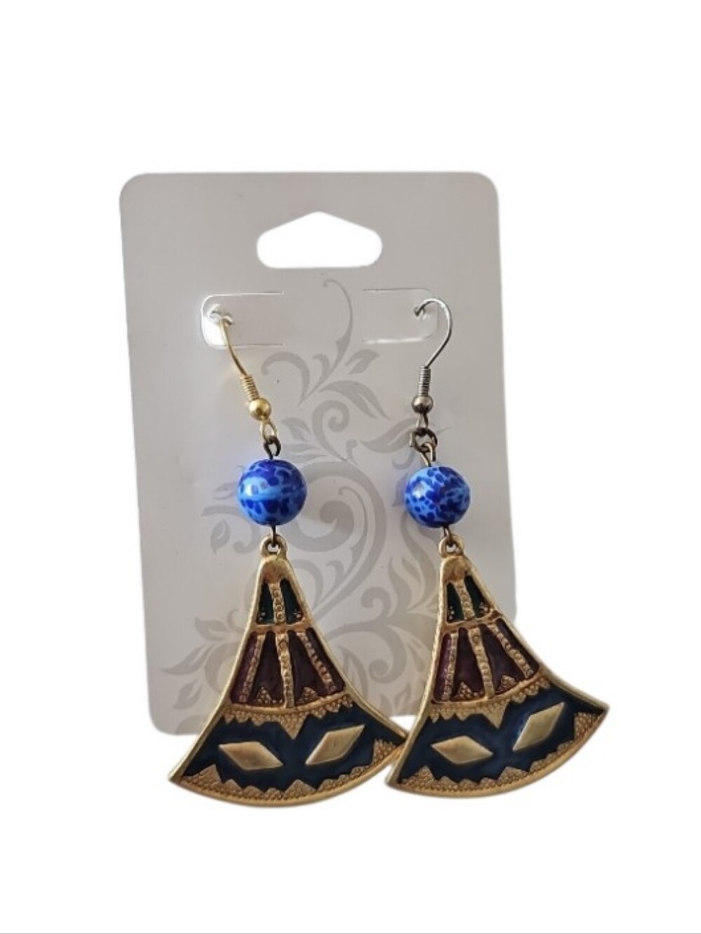 Vintage Enamel Fan Dangle Earrings Blue Gold Boho Ethnic Statement Jewelry